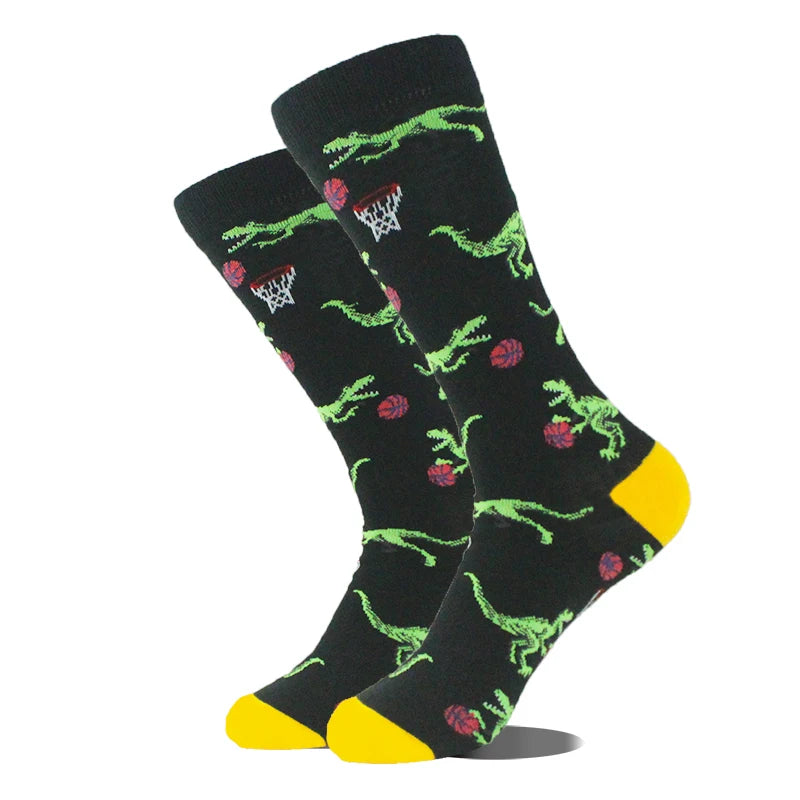 Meias de algodão engraçadas e felizes para homens, meias unissex com estampa de dinossauro e design louco, para skate e homens