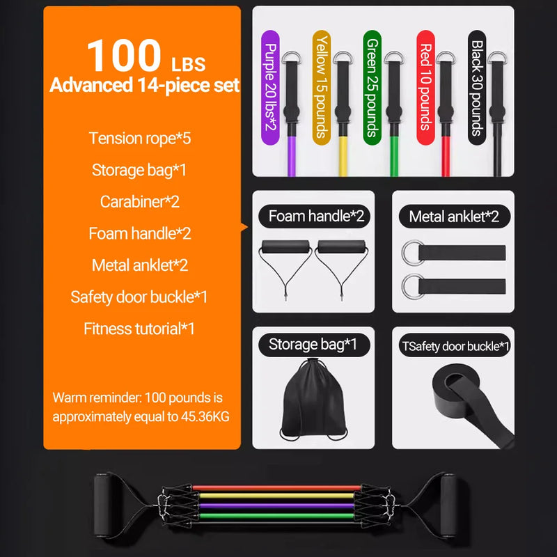 Conjunto de 10-14 peças de corda de puxar para musculação, conjunto de faixas elásticas de resistência, tensor multifuncional, cinto de treinamento muscular