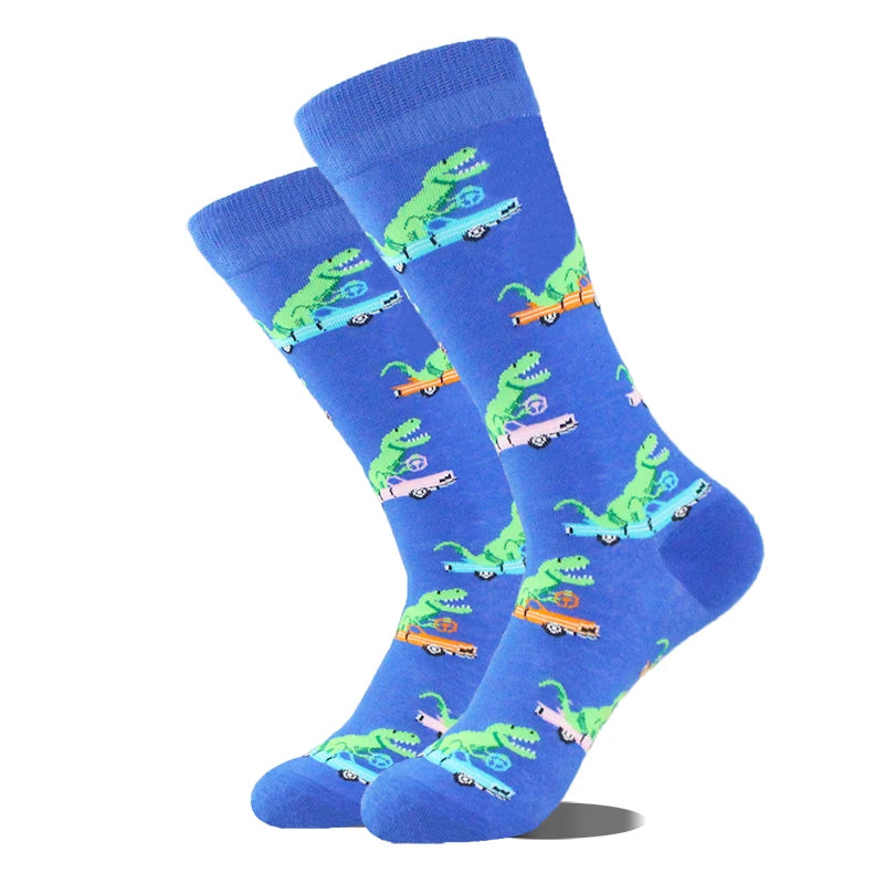 Meias de algodão engraçadas e felizes para homens, meias unissex com estampa de dinossauro e design louco, para skate e homens