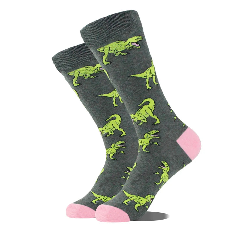 Meias de algodão engraçadas e felizes para homens, meias unissex com estampa de dinossauro e design louco, para skate e homens