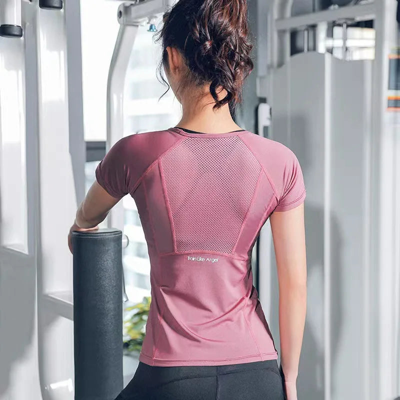 Camisetas femininas de verão, corte slim, para esportes, fitness, ioga, manga curta, top de ioga, malha, camiseta feminina para academia, roupa esportiva